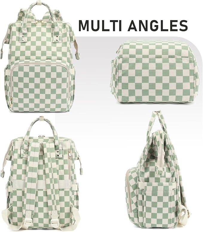 Laptop Backpack for Women, Corduroy College School Backpack Bookbag 15.6 inch Business Computer Travel Backpack (Checkered Green)