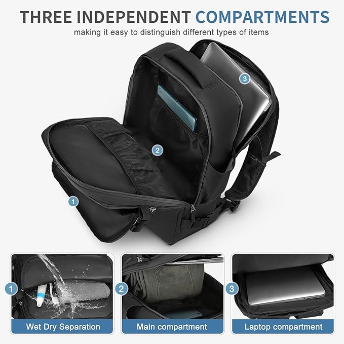 Travel Backpack for Men Women, 35L Laptop Backpack W/Shoe Compartment, Water Resistant Flight Approved Fits 15.6-inch Laptop, Black
