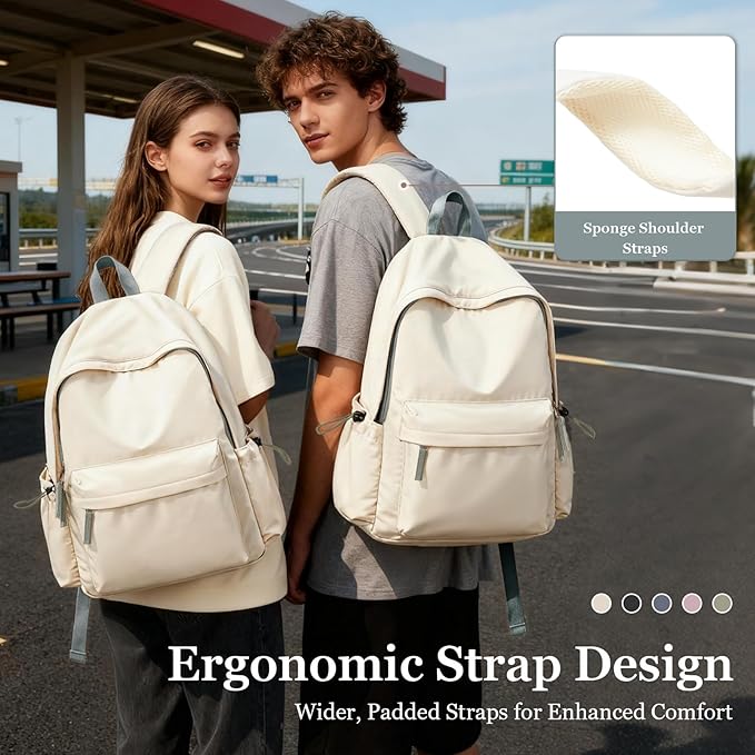Cute School Backpack For Girls Boys Casual College Laptop Backpack Water Resistant High School Book Bag Lightweight Simple Daypack (Beige with Green)