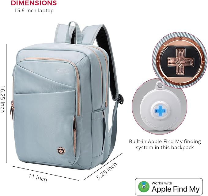 Swissdigital Design Laptop Backpack for Women with Apple Find My,Travel Bookbags with USB Charging Port，Computer Backpacks for Work Business,Teal Blue | SD1006FB-14