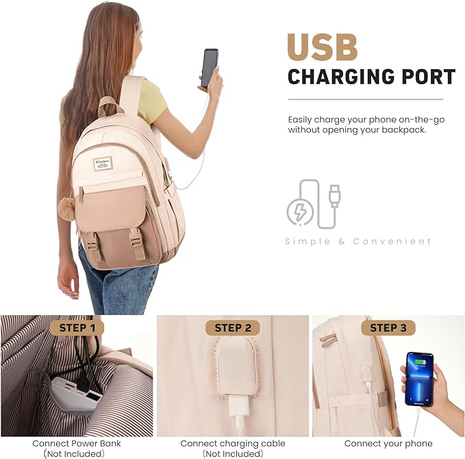 School Backpack for Teen Girls, Cute College Backpacks for Women Students Aesthetic Bookbag Large 18 Inch Laptop Bag Middle School Travel Back Pack (Beige Khaki)