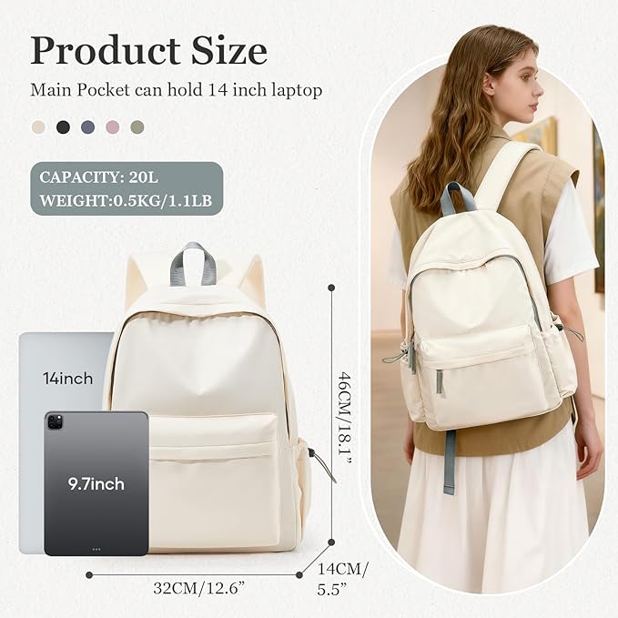 Cute School Backpack For Girls Boys Casual College Laptop Backpack Water Resistant High School Book Bag Lightweight Simple Daypack (Beige with Green)