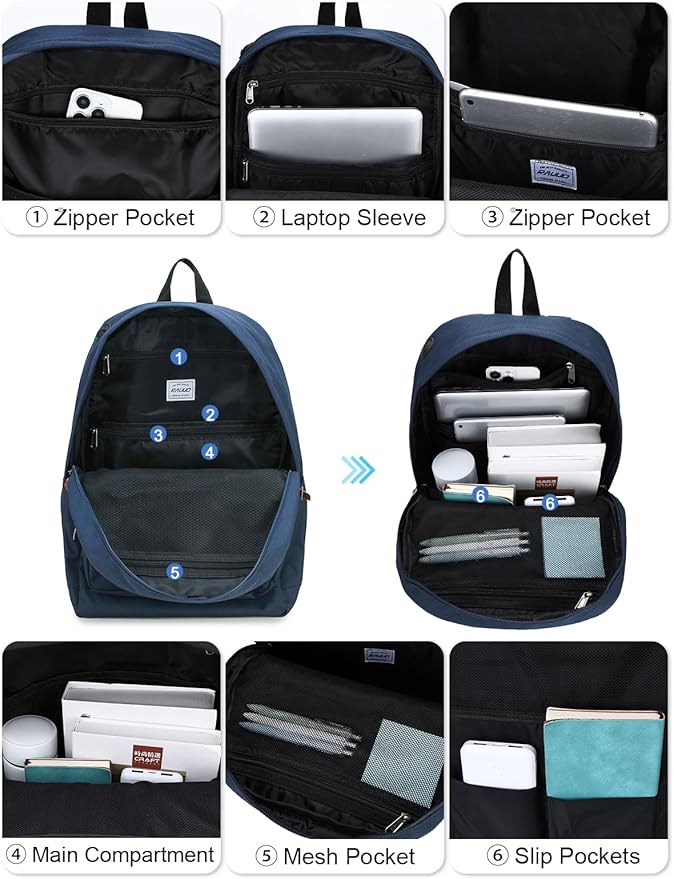 RAVUO School Backpack for Men | Classic Bookbag for 15.6inch Laptop, Water Resistant College Daypack Schoolbag for Travel Work, Blue