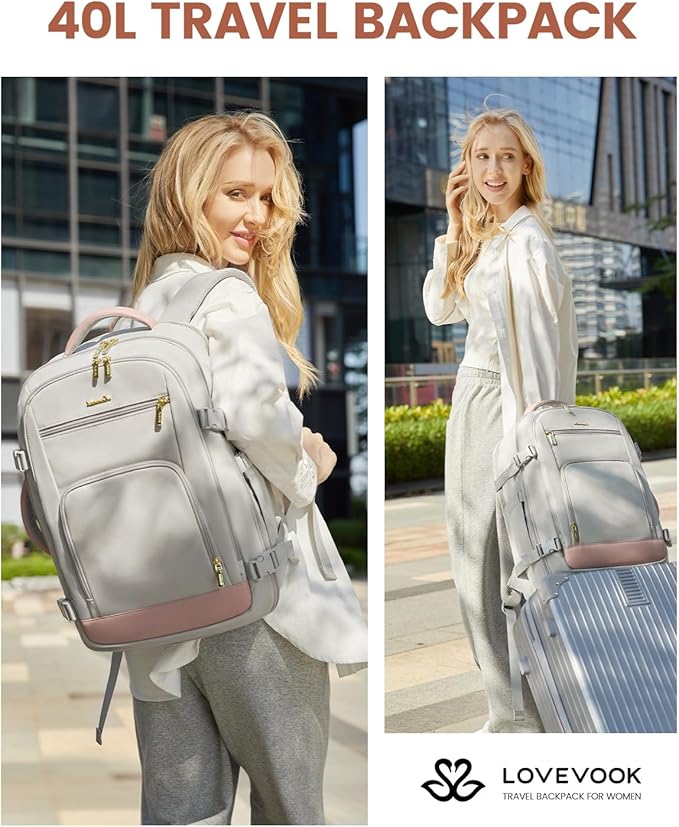LOVEVOOK Travel Backpack For Women, 40L Carry On Backpack Flight Approved, TSA Personal Item Travel Bag Fits 17 Inch Laptop, Business Weekender Overnight Waterproof Daypack With 2 Cubes, Grey-Pink