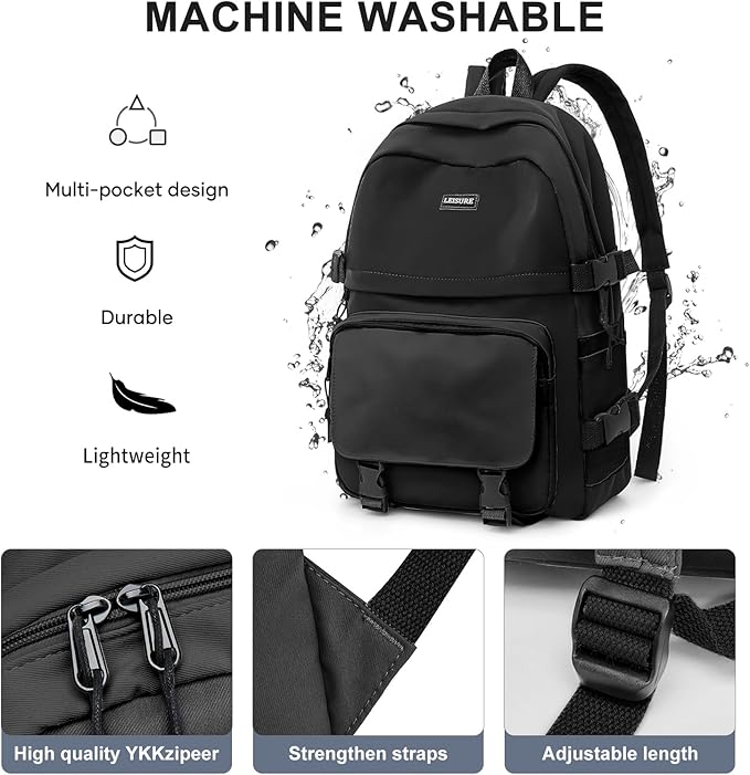 weradar All Black Backpacks For School Teens Boys Girls,Cute Bookbag,Lightweight College Backpack For Women Men,Waterproof Middle School Bag Casual Travel Daypack