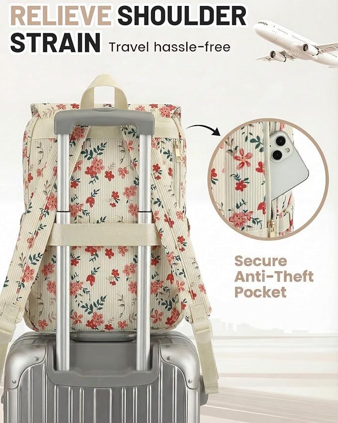 Corduroy Laptop Backpack for Women, Fits 15.6 Inch Computer Bag, College High School Bookbag Travel Daypack Purse, Work Business Bags - Beige Corduroy Flowers Pink