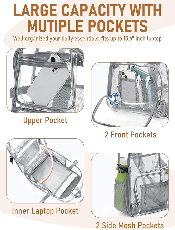 Large Clear Backpack Heavy Duty, 17 inch Clear Bookbag for Boys Girls Women Men, See Through Transparent Backpack With All-Around Reflective Strips for College Work Travel,Grey