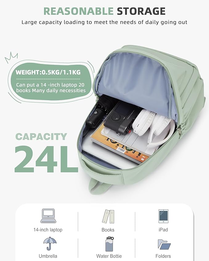 Lightweight Backpack for Women Men Laptop Travel Work Casual Daypack College Bags Cute Aesthetic Travel Backpack Casual Personal item Bag - Green