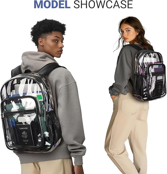 ZORFIN Clear Backpack Heavy Duty for School – 17in Transparent PVC Bag with Large Capacity & Reinforced Straps for Men, Women, Boys & Girls - See Through Bookbag for College Workplace Security, Black