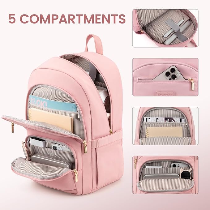 LOVEVOOK Travel Laptop Backpack for Women, Waterproof Work Backpack Fits 15.6 Inch Laptop, Large Computer Backpack for College, Pink