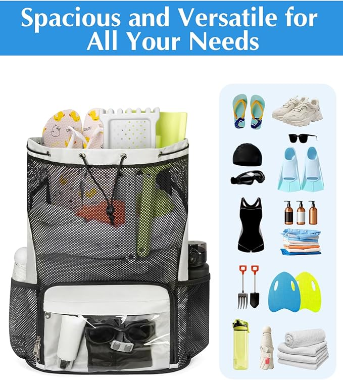 Drawstring Backpack Sandproof Beach Backpack with Shoe Compartment & Wet Pocket Waterproof Mesh Swim Bag Pool Bag for Gym, Travel and Workout Gear (Beige)