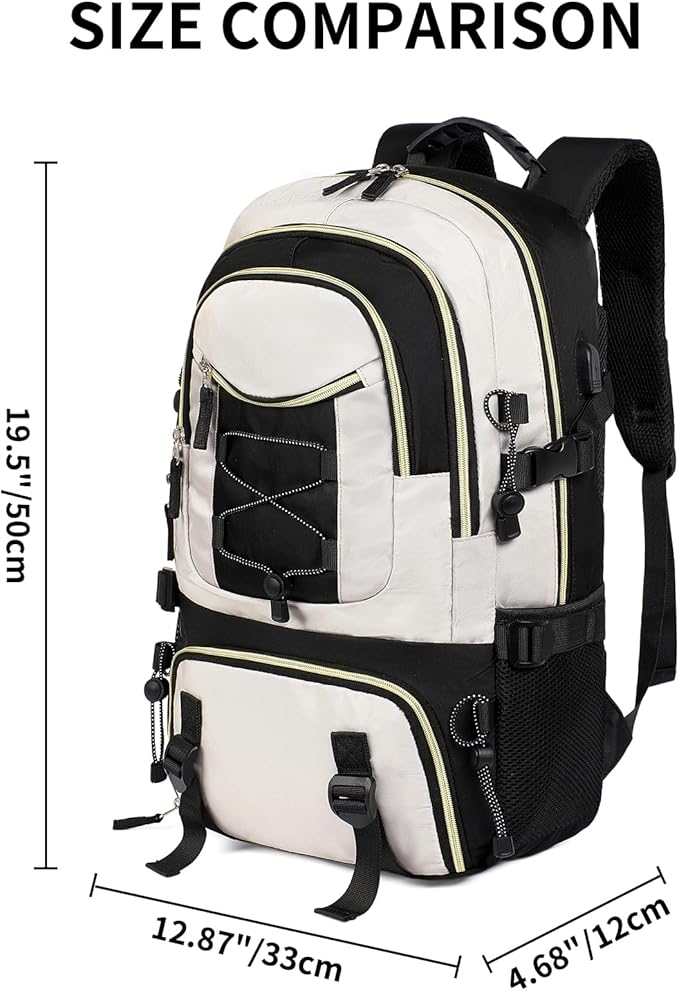 GAEKEAO Travel Backpack For Women Men Airline Approved 16 Inch Carry On Backpack with USB Charging Port Lightweight Casual Daypack for Hiking Business College Black with Beige