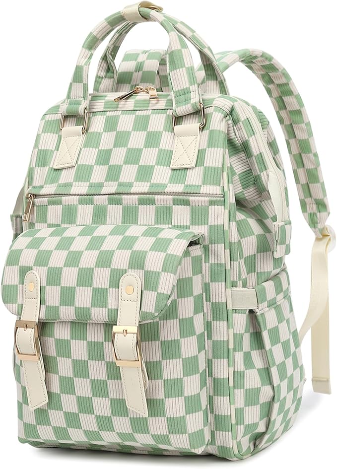Laptop Backpacks for Women, Corduroy High School College Bookbag 15.6 Inch Laptop Bags for Girls Travel Daypack - Checkered Green
