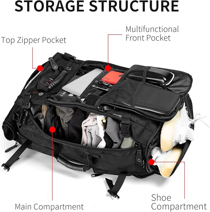 Large Capacity For Travel Hiking Sports Carry On Backpack Durable Convertible Duffle Bag Laptop airplane (BLack, 45L-Normal)