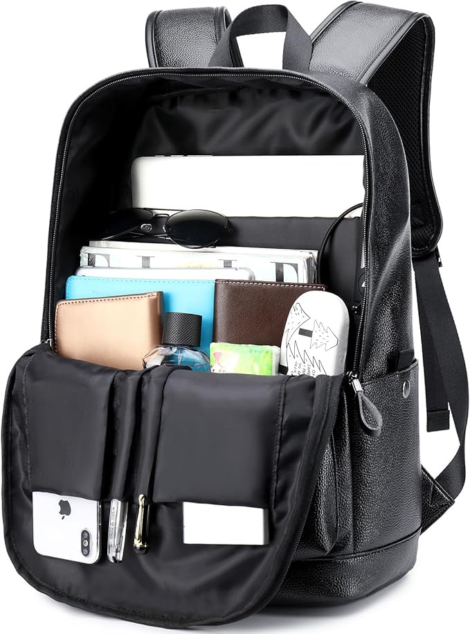 weiatas Black Leather Laptop Backpack for Men Women Work Travel, College School Backpack Casual Daypack fits 15.6 Inch