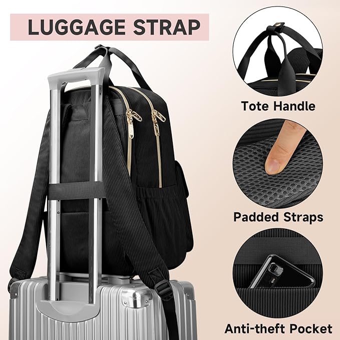 MATEIN Cute Laptop Backpack for Women, 15.6 Inch Corduroy Computer College Backpack, TSA Lightweight Aesthetic Back Pack Travel Laptop Daypack for Work Nurse Teacher Gift, Black