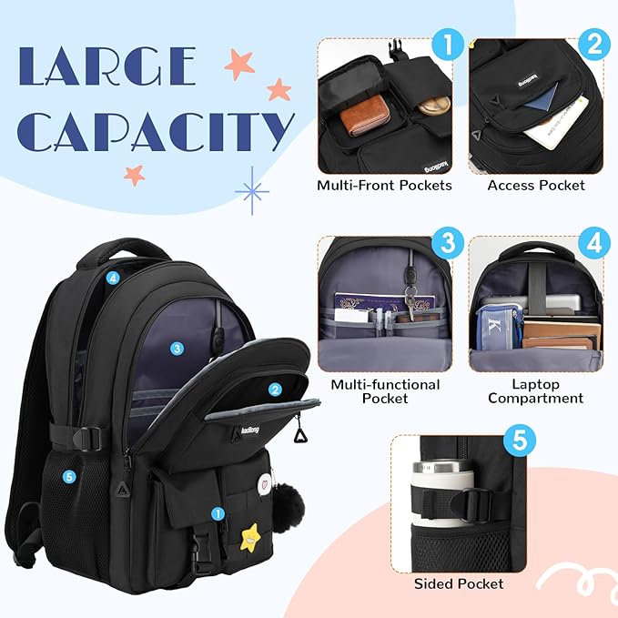 Laptop Backpack for College Student Women Middle High School Teen Girls Bookbag Mochila Escolares para Niñas Mujeres(Black)