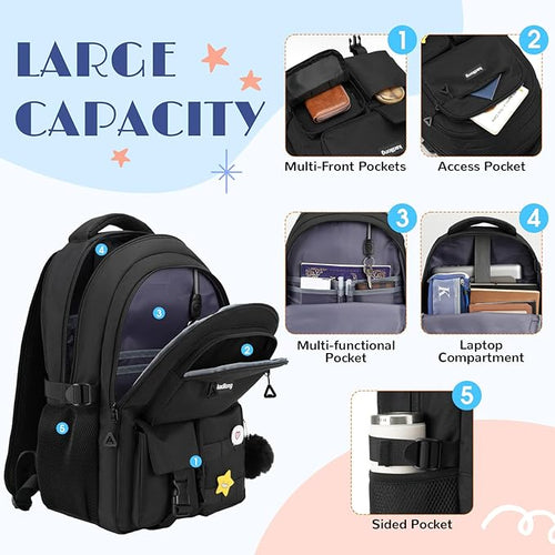 17.3 Inch Laptop Backpack for Women Teen Girls Bookbag for College Student Middle High School Mochila Escolares para Niñas Mujeres(Black)