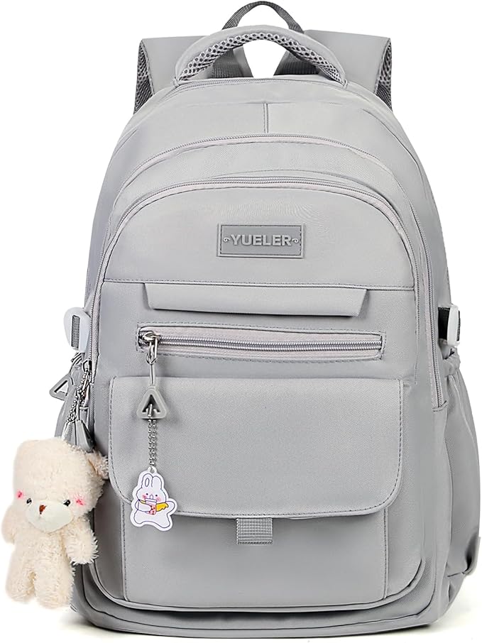Girls Backpack for College High Middle School Student, Cute Aesthetic Bookbag for Teens Women with Accessories,Grey