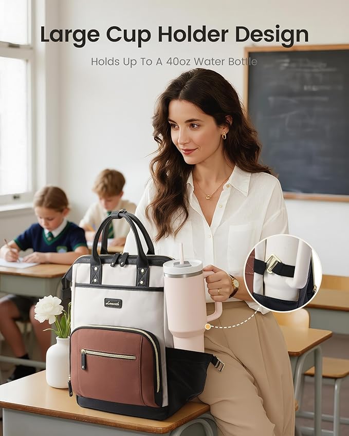 LOVEVOOK Laptop Backpack for Women with Giant Tumbler Holder,18 inch Professional Nurse Teacher Backpack Computer Laptop Bag,Cute Waterproof Travel Backpack Purse Work College Bag, Beige-Black-Brown