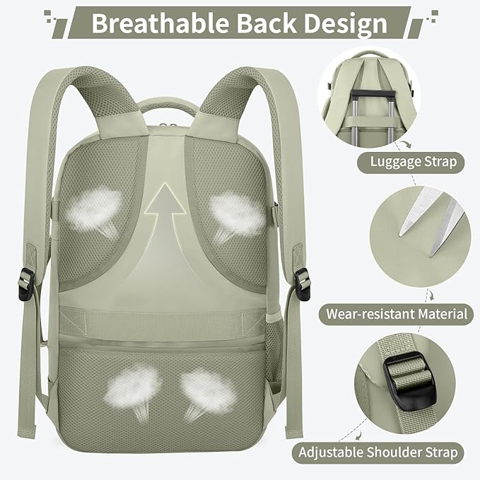ZOMFELT Travel Backpack for Men, Carry on Backpack, TSA 17.3 inch Laptop Backpack Flight Approved, Personal Item Travel Bag Nurse Bag Casual Daypack for Weekender Business Trip, Green