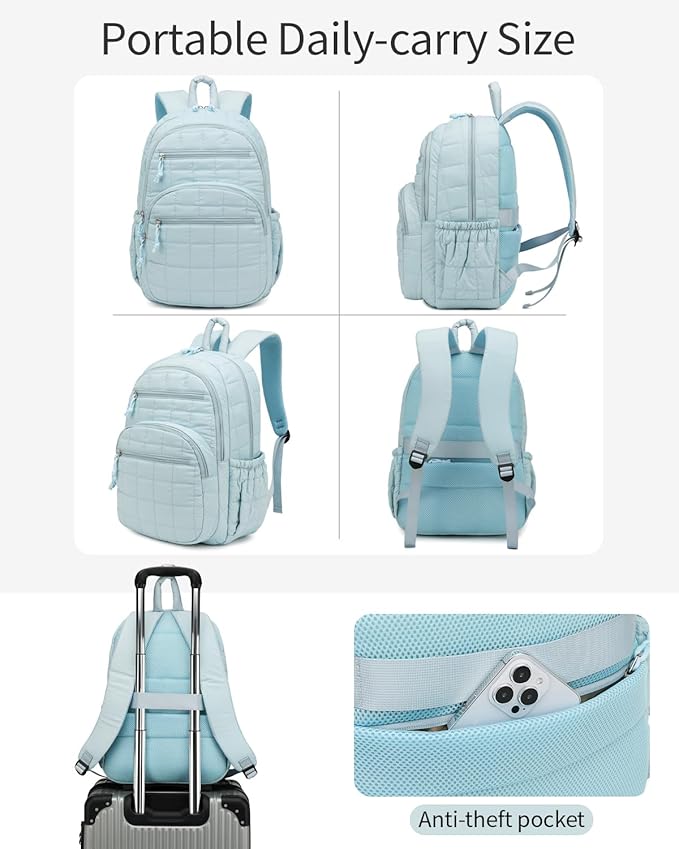 Bookbag for Women, Teen Girls Backpack for High School College Student, Puffer Quilted Back Pack Cute Laptop Backpack for Work Travel Mom Casual Daypack, Blue