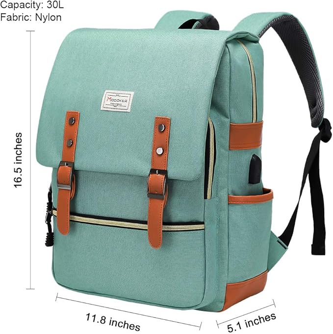 Modoker Eco-Friendly Vintage Laptop Backpack for Women Men,Travel Backpacks with USB Charging Port Fashion Backpacks for Working Women Fits 15.6Inch Notebook, Green