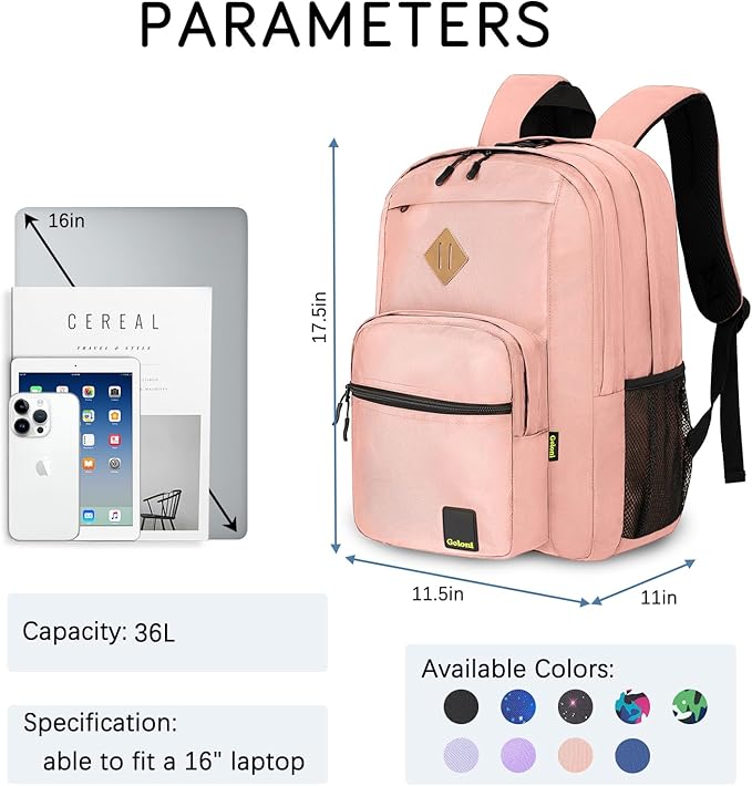 Goloni Lightweight Laptop Backpack 1.1Lbs, 36L Wear-Resistant Water Resistant Backpack with Laptop Compartment for Men Women, College Work Travel Bookbag,Pink
