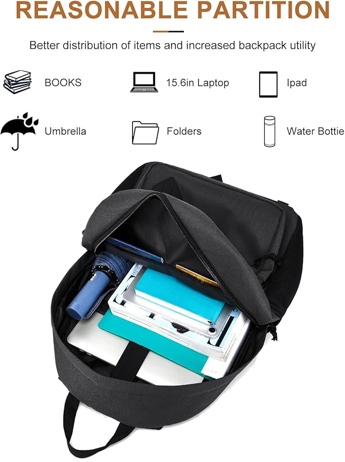 Black Backpack for School Teens Boys Girls, Lightweight Casual Backpacks for Men and Women, Classic Basic Water Resistant Casual Daypack, 15.6 Inch Laptop Bookbag for College High School Work Travel