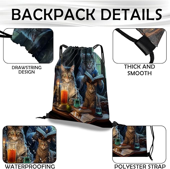 Drawstring Backpack Draw String Bag Waterproof for Sports Gym Beach Travel Cute Aesthetic Sackpack Men Women (13"×17")-Cat