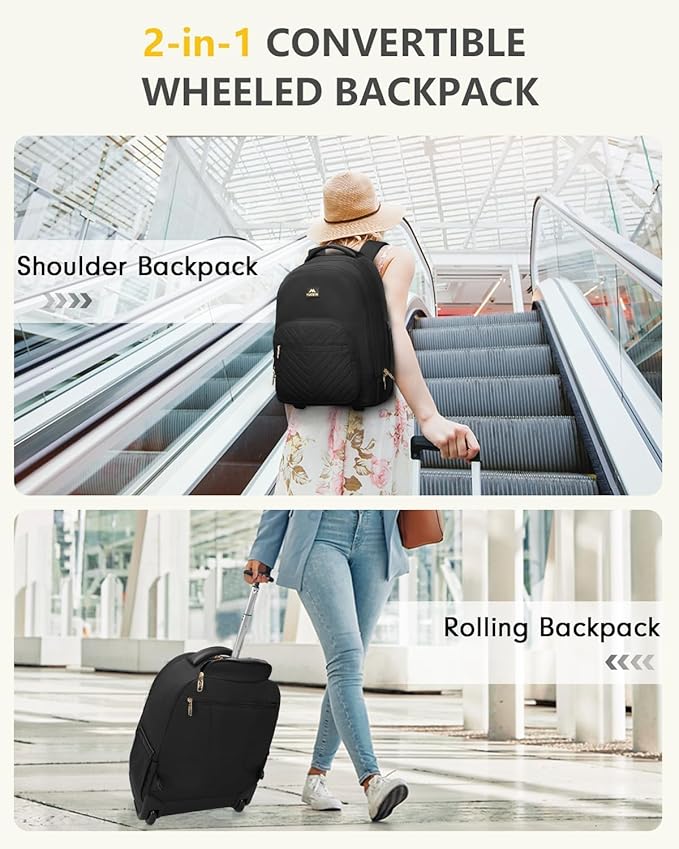 MATEIN Wheeled Backpack, 18 Inch Large Water Resistant Laptop Backpack with Wheels, Carry On Business Roller Bag for Women, Trolley Suitcase for Adults to Travel, Overnight Work Bag for College, Black