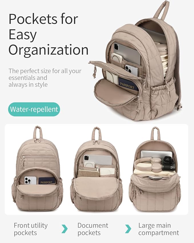 Bookbag for Women, Teen Girls Backpack for High School College Student, Puffer Quilted Back Pack Cute Laptop Backpack for Work Travel Mom Casual Daypack, Camel