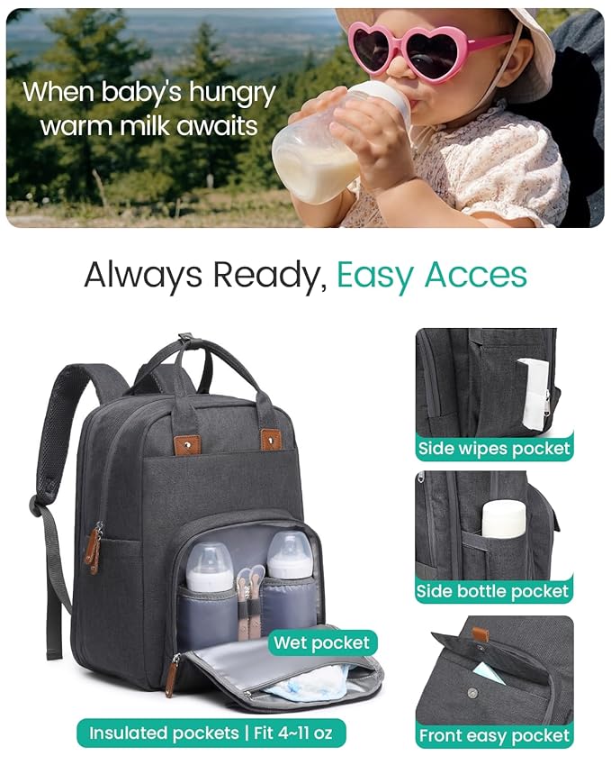 Extra Large Diaper Bag Backpack for Two Kids Twins - Expandable Baby Bag (26-36L), Dual Big Compartments - Includes Changing Pad & Stroller Straps, Unisex Dark Grey