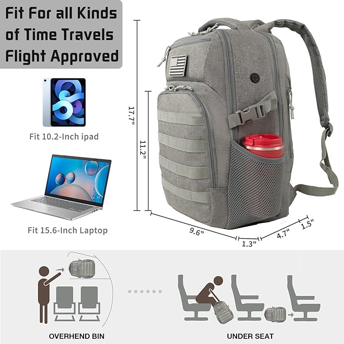 15'' Travel Laptop Backpack for Men, 25L Tactical College Backpacks with Water Pouches Both Sides, Portable Backpack for Men Women Business Work Bag Fight Approved - Grey Backpack