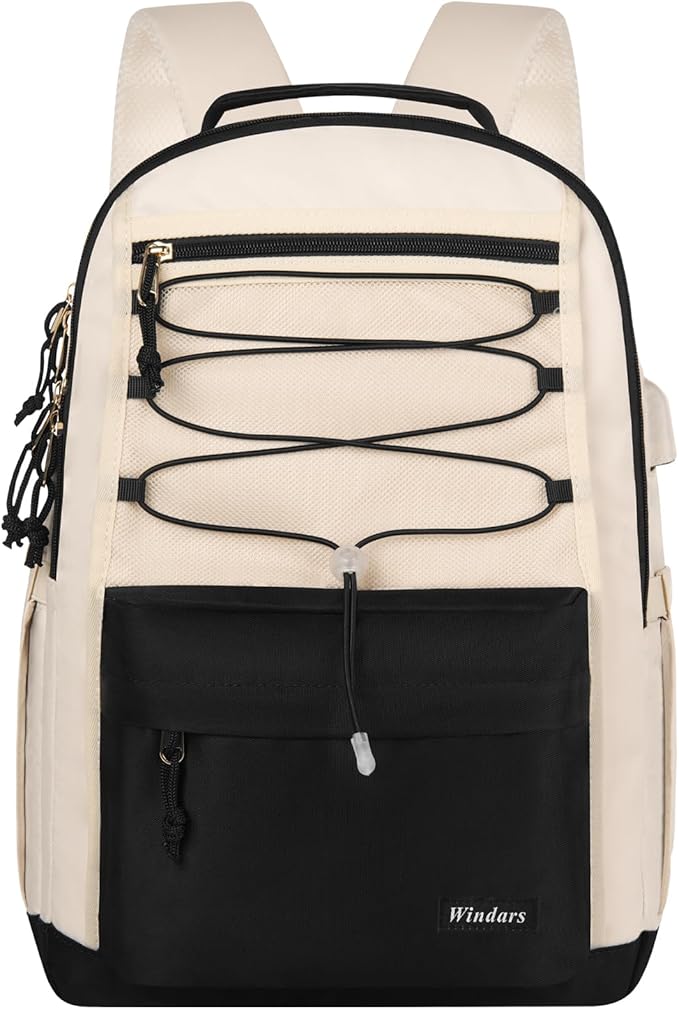 School Backpack for Teens Girls, Aesthetic College Backpack Large Bookbag for Women Students Fashion 15.6 Inch Laptop Bag for Work Travel (Black Beige)