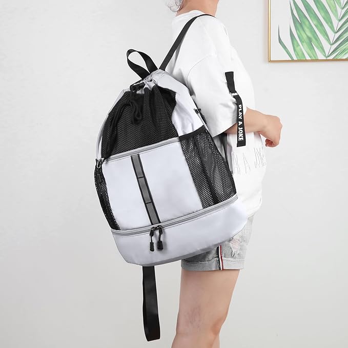 Valleycomfy Drawstring Gym Bag Sports Backpack With Shoe Compartment and Reflective Strips White