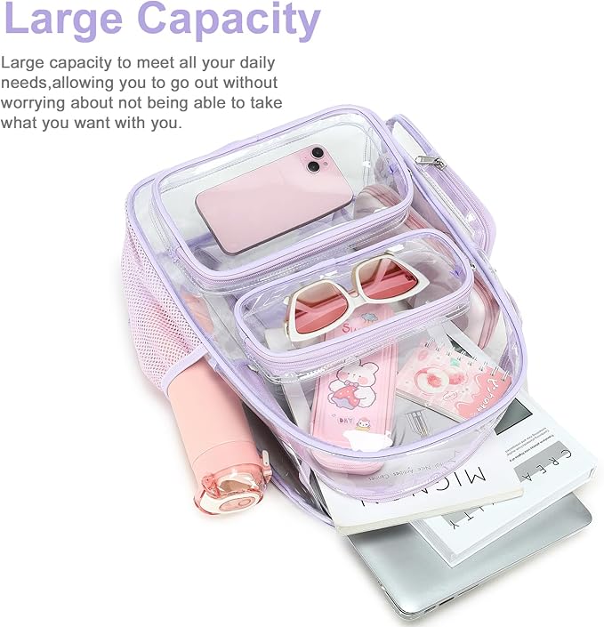 BTOOP Clear Backpack Heavy Duty Transparent Backpack 17" See Through Bookbag for College Work Festival Security Padded Strap (Purple)