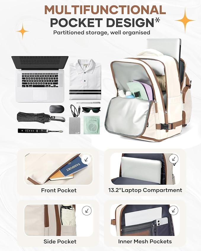 Travel Backpack Carry on Flight Approved Mochila De Viaje Personal Item Backpack for Airlines Frontier Airlines Personal Item Bag Large Backpack for Travel Backpacks for Men Women Beige with Brown