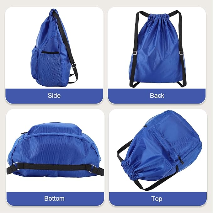 Drawstring Backpack, Gym Bag with Water Bottle Pocket, Waterproof String Backpack for Soccer, Basketball, Swim for Women Men (Blue