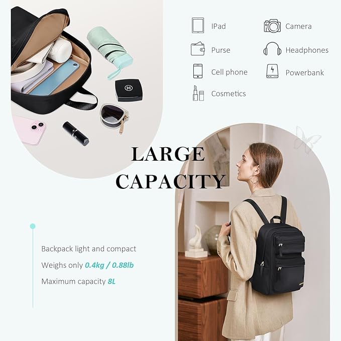 Mini Backpack for Women Lightweight Small Waterproof Backpack Purses Daily Daypack,fit 10.2Inch iPad,Black