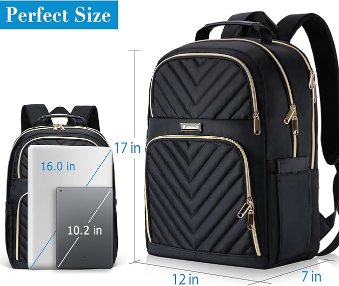 Laptop Backpack for Women, School Backpack for Teen Girls, 15.6 Inch Quilted Work Backpack Purse, Large Anti-theft Bookbag for Students, Casual Daypacks for Women,Black