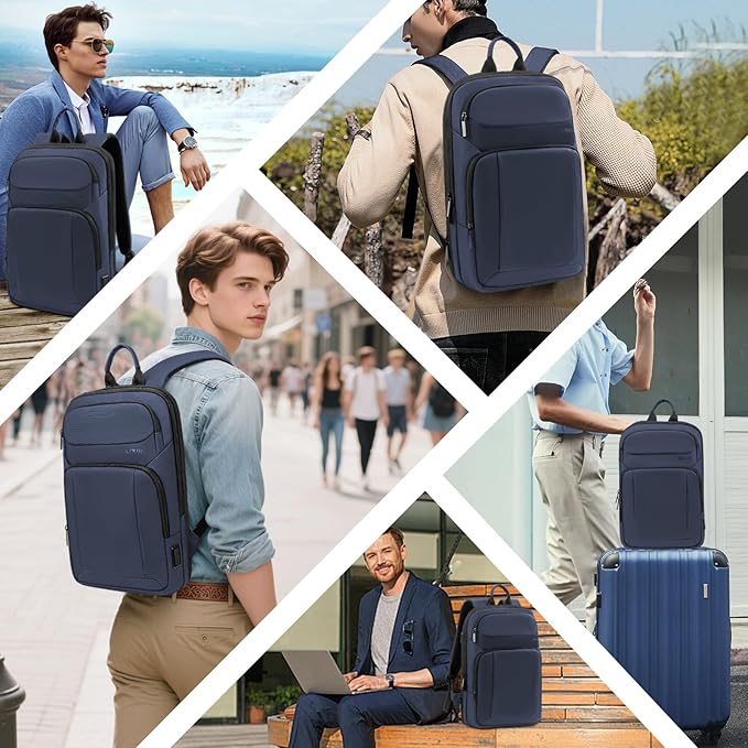 Backpack for Men Slim & Expandable Travel Laptop Backpack with USB Charging Port Water Resistant Anti-Theft Business Backpack Fits 15.6In Laptop for Commute Work College with Small Bag(Navy Blue)