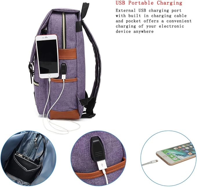 UGRACE Vintage Laptop Backpack with USB Charging Port, Elegant Water Resistant Travelling Backpack Casual Daypacks College Shoulder Bag for Men Women, Fits up to 15.6Inch Laptop in Purple