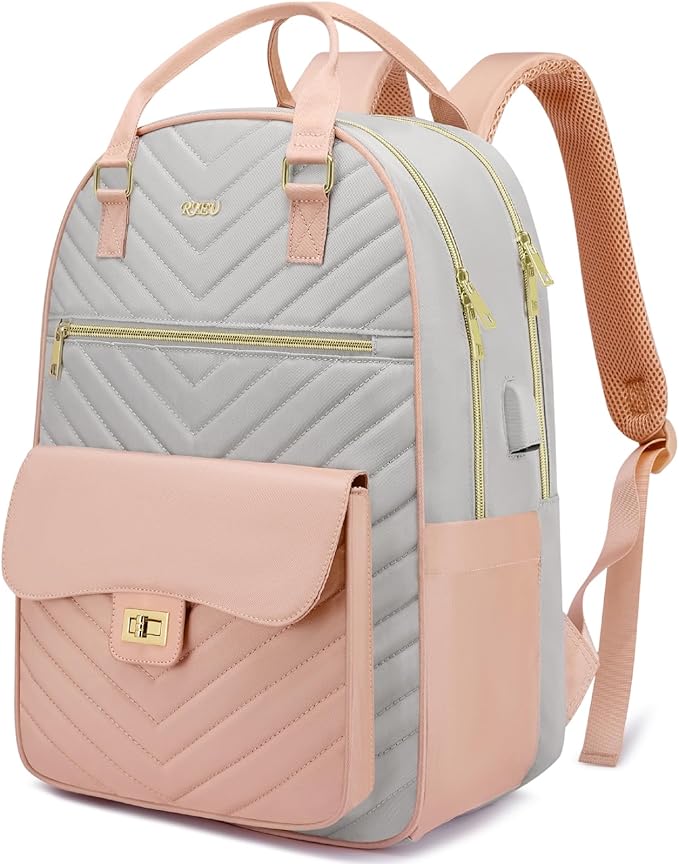 Bookbag for Girls,College Backpack with Laptop Compartment for School Travel,Student Computer Bag Mochilas Escolares,Pink Gray