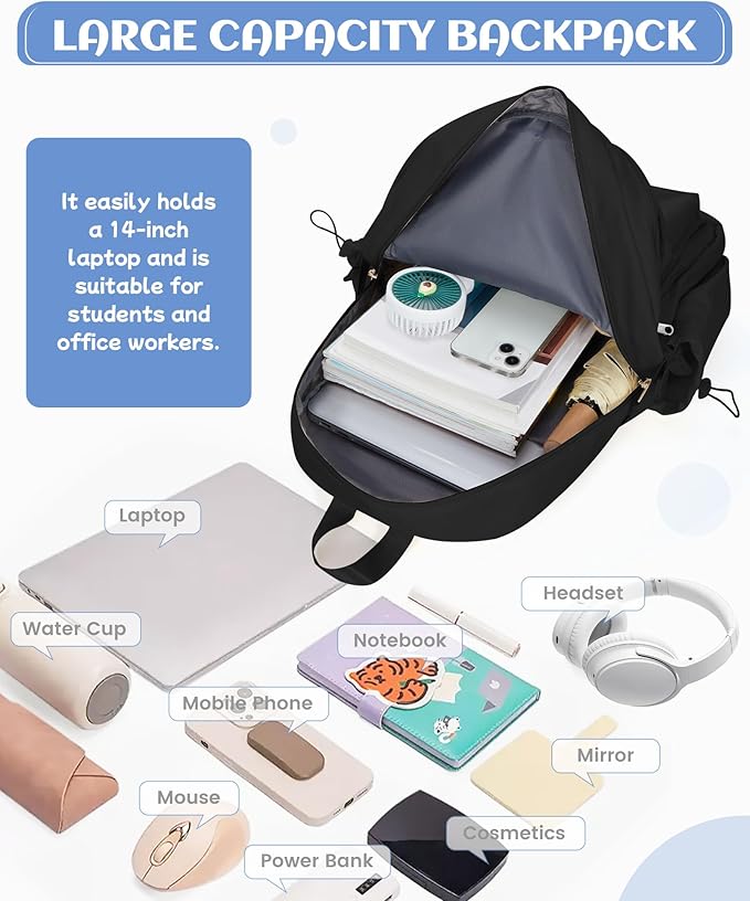 Black School Backpack for Teen Girls Lightweight College Backpack Women Travel Backpacks Waterproof High School Bookbag for Men Classic Casual Daypacks
