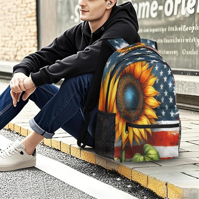 Pardick American Flag Sunflower Backpack for Kids Girls Boys Lightweight School College Students 18in Bookbag Large Capacity Computer Backpacks Laptop Rucksack Travel Gym Hiking Camping Daypack