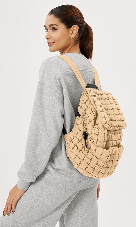 ODODOS Quilted Backpack 2.0 for Women Lightweight Puffer Hiker Pack Drawstring Padding Travel Gym Bag, Taupe