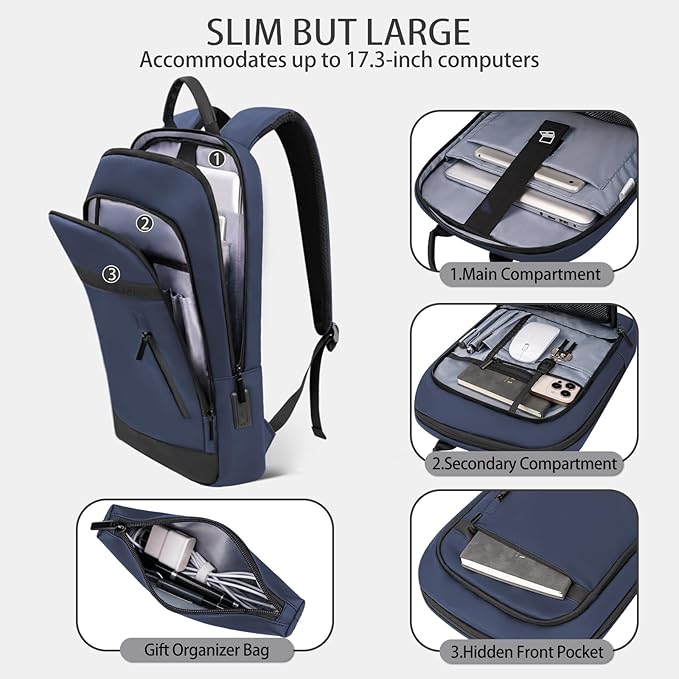 Business Backpack for Men Lightweight Commute Laptop Backpack Anti-Theft Water Resistant Backpack for 17.3 Inch Computer for Daily Office Work with Small Bag (Blue, 17.3")
