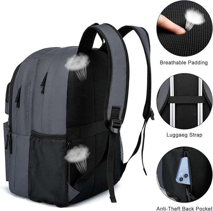 Backpack for Men & Women, Backpacks for School Teen Boys & Girl, Student Bookbag 17.3 inch Laptop Compartment with USB Charging Port for High Middle School, Black Travel Casual Bag