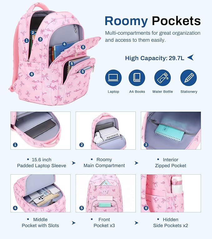 Girls Backpack, Corduroy School Backpack Multiple-pocket College Bookbag for Teen Girls Travel Backpack with Luggage Strap for Women, Pink Bow
